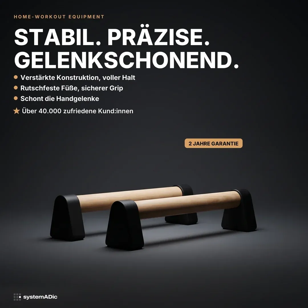 Musterkonzept: Feature-/Social-Proof-Anzeige für Home-Workout-Equipment — „Stabil. Präzise. Gelenkschonend.“ mit über 40.000 zufriedenen Kund:innen.