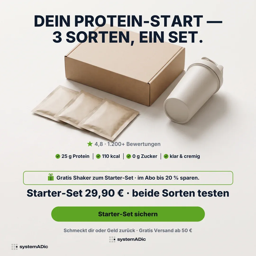 Musterkonzept: Angebots-Anzeige für ein Protein-Starter-Set — „Dein Protein-Start — 3 Sorten, ein Set.“