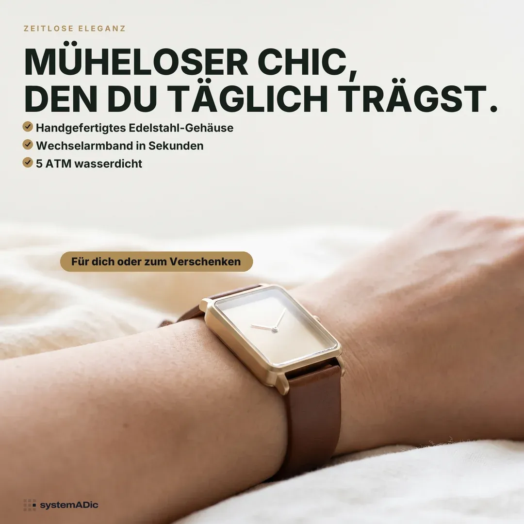 Musterkonzept: Feature-Anzeige für eine Design-Armbanduhr — „Müheloser Chic, den du täglich trägst.“