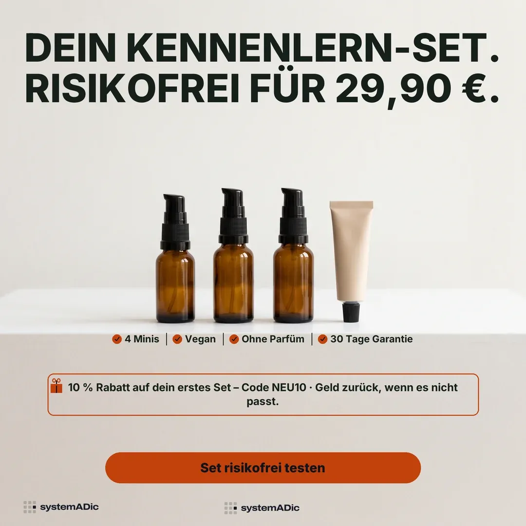 Musterkonzept: Angebots-Anzeige für ein Skincare-Kennenlern-Set — „Dein Kennenlern-Set. Risikofrei für 29,90 €.“