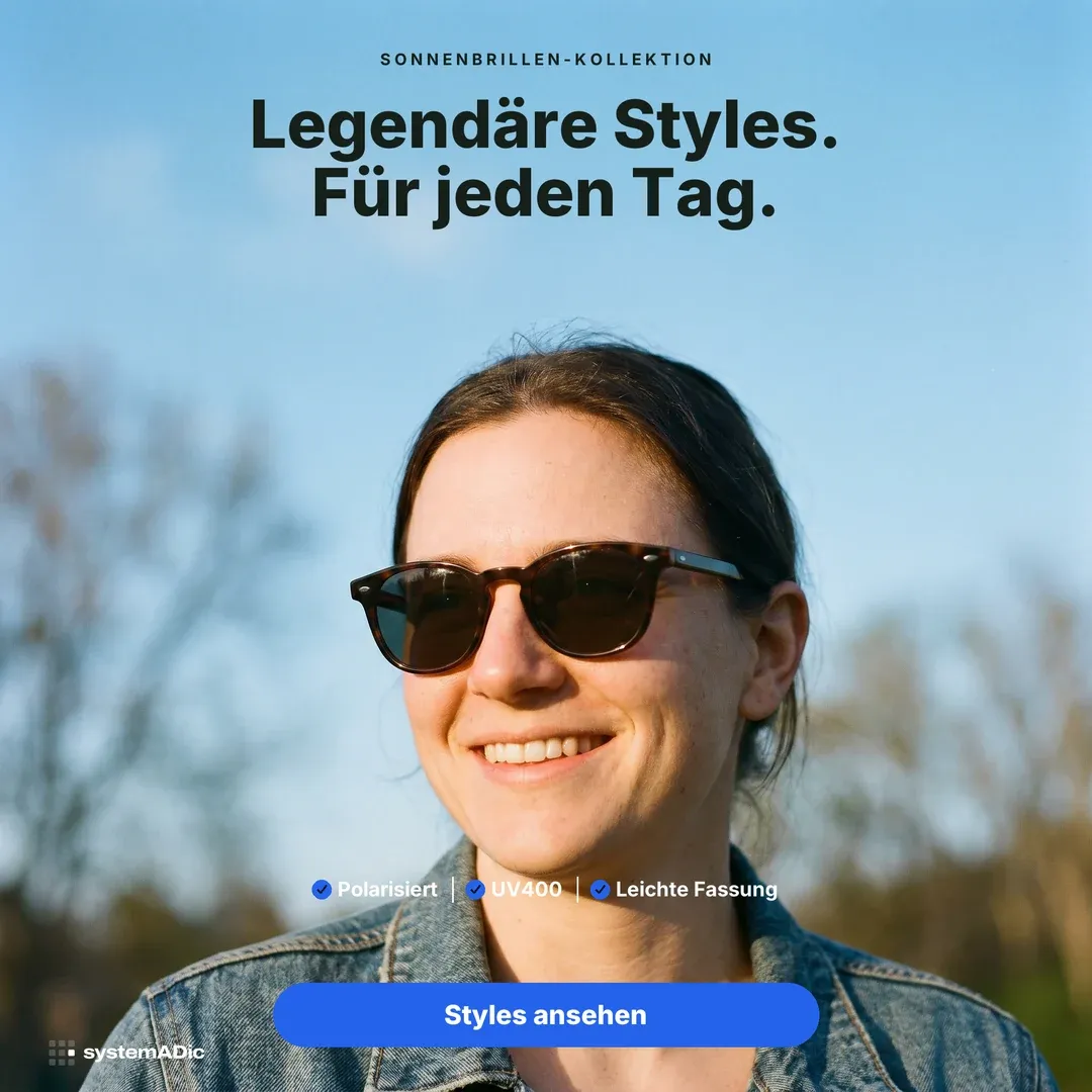 Musterkonzept: Lifestyle-Anzeige für eine Sonnenbrillen-Kollektion — „Legendäre Styles. Für jeden Tag.“ mit Merkmalen Polarisiert, UV400 und leichte Fassung.