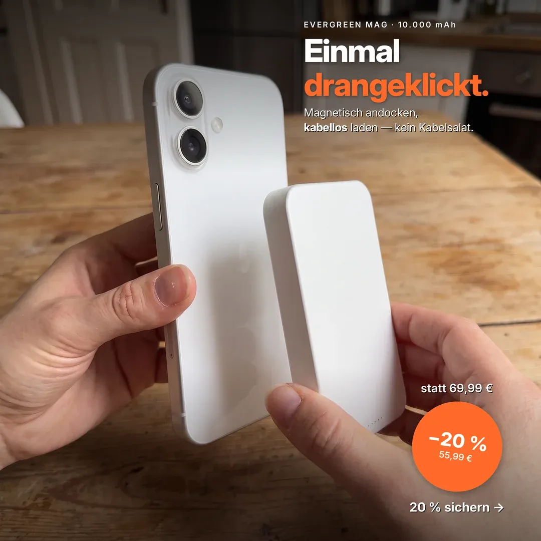 Musterkonzept: Angebots-Anzeige für eine magnetische MagSafe-Powerbank — „Einmal drangeklickt.“ Magnetisch andocken, kabellos laden, jetzt −20 % für 55,99 €.