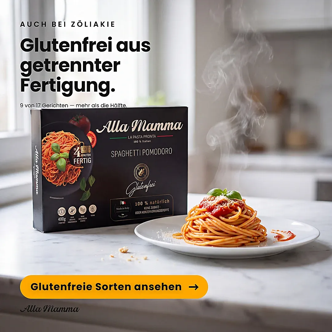 Anzeige für Alla Mamma: Spaghetti Pomodoro glutenfrei in heller Küche — „Glutenfrei aus getrennter Fertigung.“
