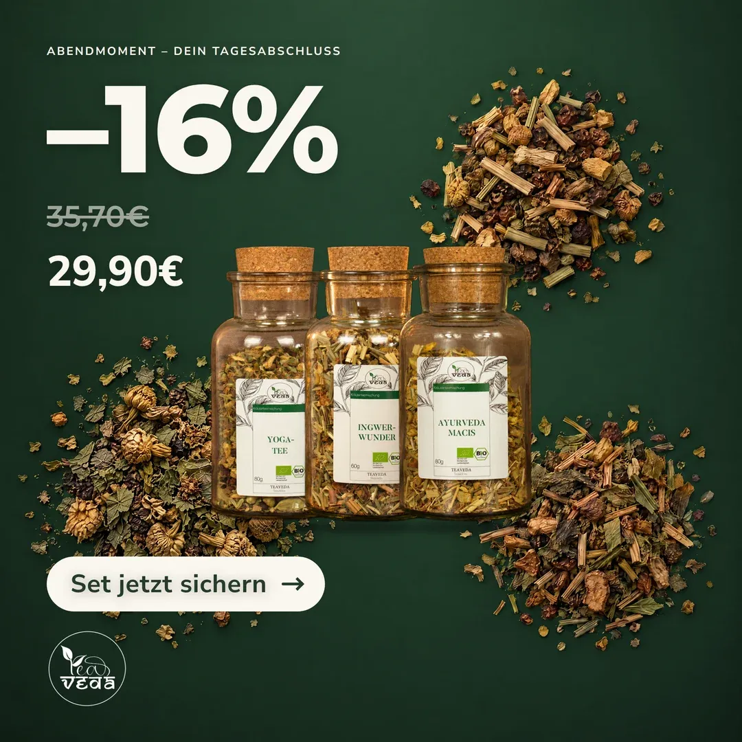 Anzeige für Teaveda: Drei Gläser Abendmoment-Tee mit losen Teeblättern — Set-Angebot mit −16 %.