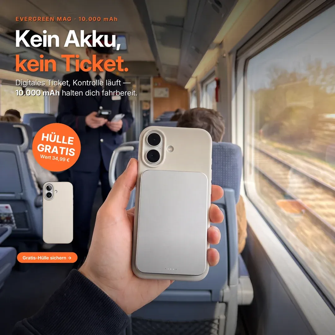 Musterkonzept: Alltags-Szenario-Anzeige für eine MagSafe-Powerbank — „Kein Ticket.“ Ticketkontrolle im Zug bei fast leerem Akku; Gratis-Hülle zum Set.