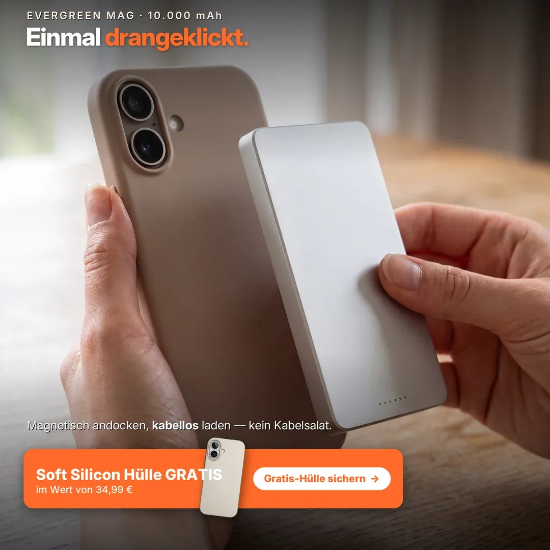 Musterkonzept: Mechanism-Anzeige für eine MagSafe-Powerbank — magnetisch andocken, kabellos laden; Gratis-Hülle zum Set.