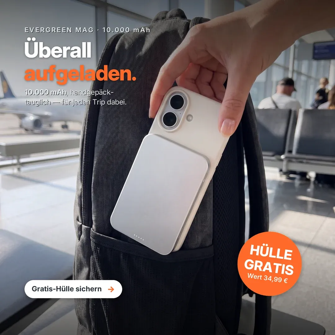 Musterkonzept: Use-Case-Anzeige für eine MagSafe-Powerbank auf Reisen — Handgepäck, Gate, Trip immer aufgeladen; Gratis-Hülle zum Set.