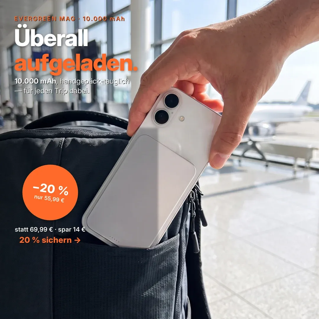 Musterkonzept: Use-Case-Anzeige für eine MagSafe-Powerbank auf Reisen — immer aufgeladen unterwegs, jetzt −20 %.