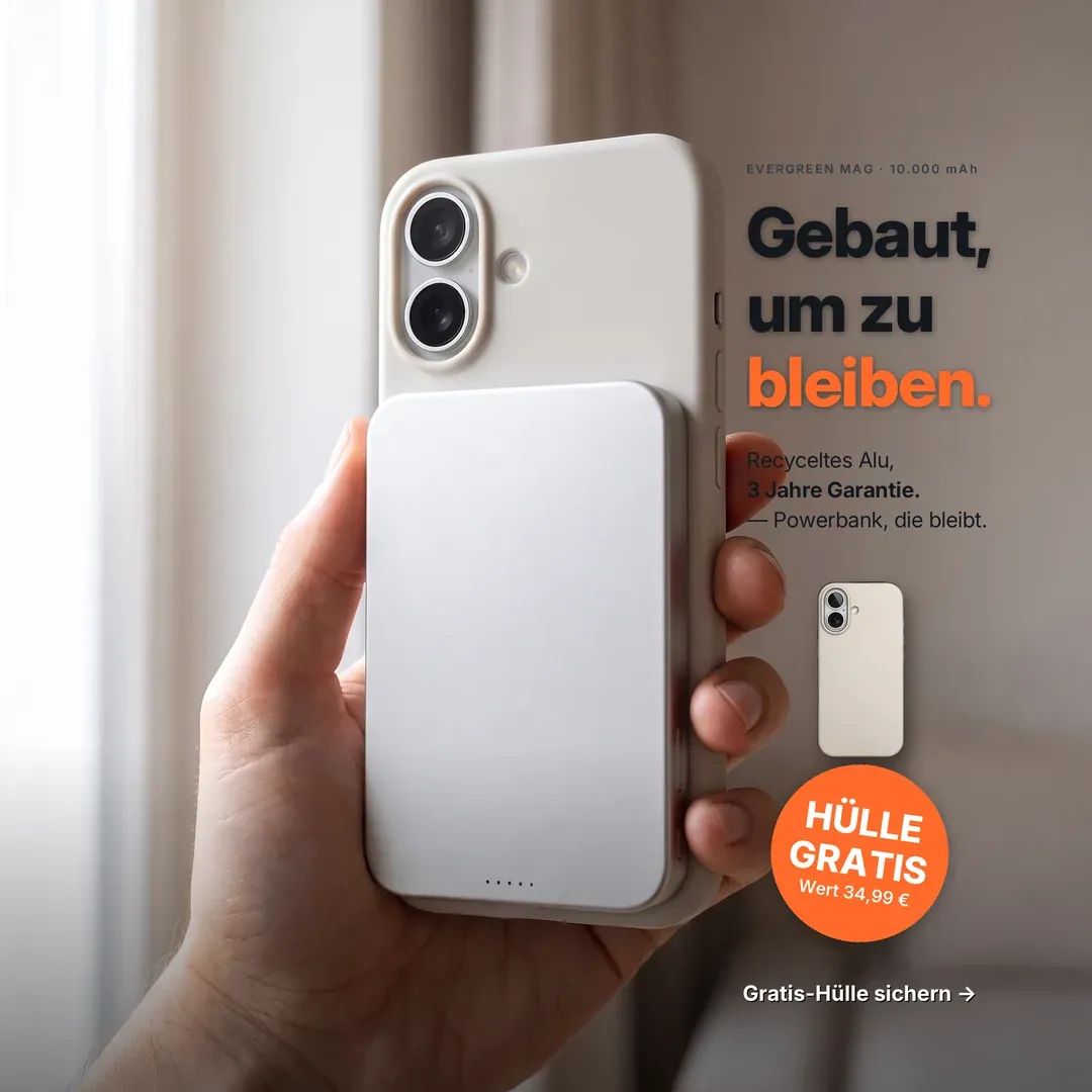 Musterkonzept: Premium-Anzeige für eine MagSafe-Powerbank — „Gebaut, um zu bleiben.“ Ruhige, hochwertige Bildsprache; Gratis-Hülle zum Set.