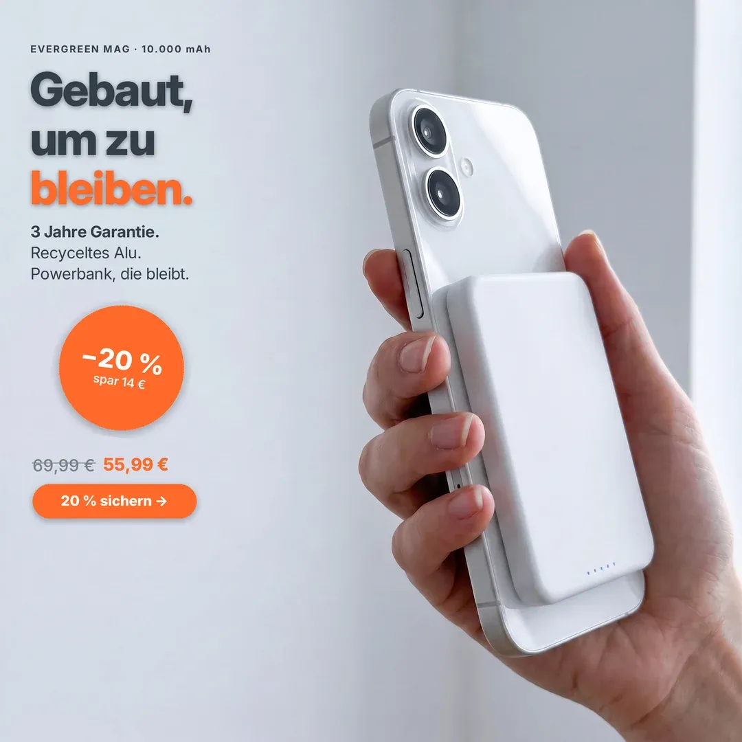 Musterkonzept: Premium-Anzeige für eine MagSafe-Powerbank — „Gebaut, um zu bleiben.“ Hochwertiges Motiv mit −20 %-Offer.