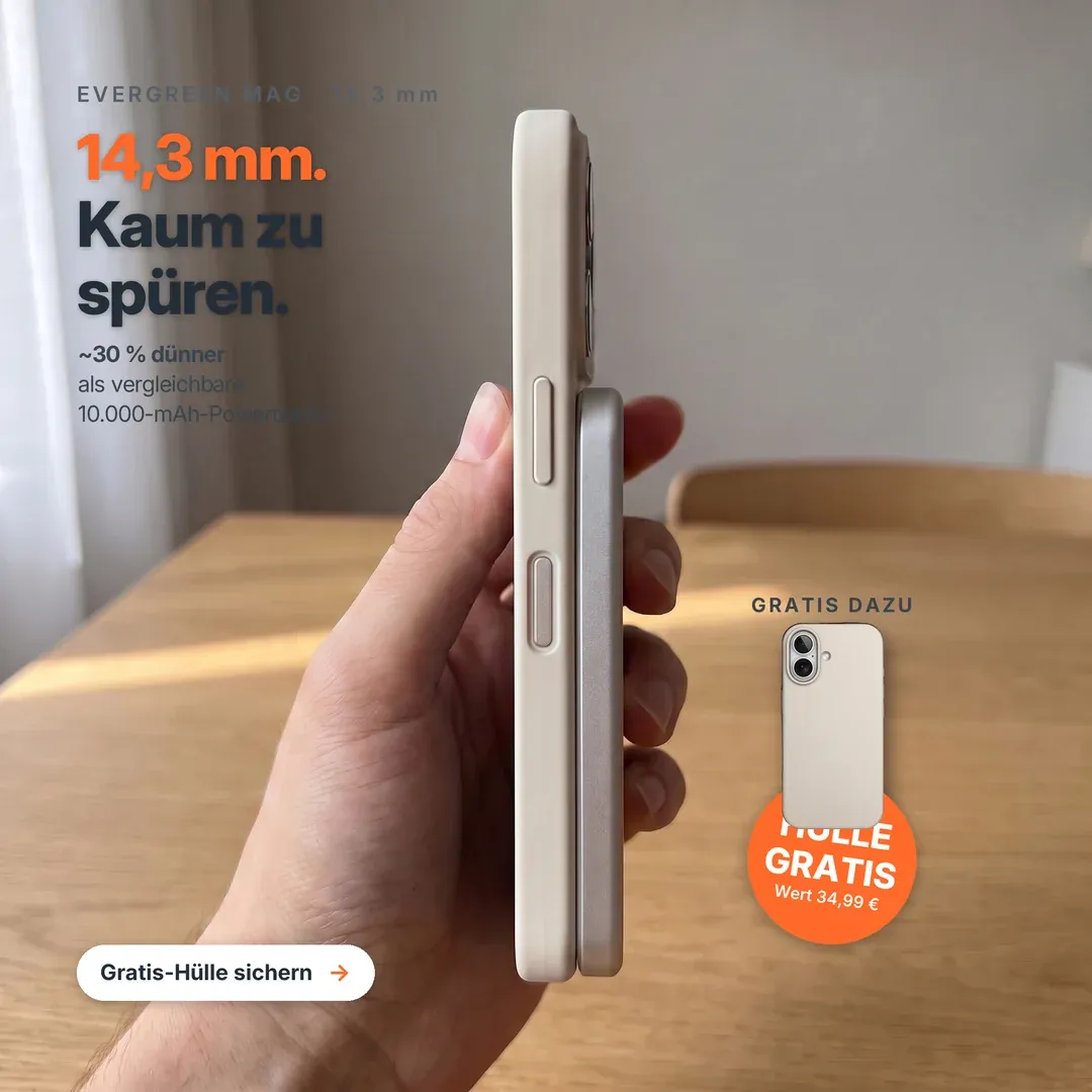 Musterkonzept: USP-Anzeige für eine MagSafe-Powerbank — „14 mm, kaum zu spüren.“ Schlankes Seitenprofil im Fokus; Gratis-Hülle zum Set.