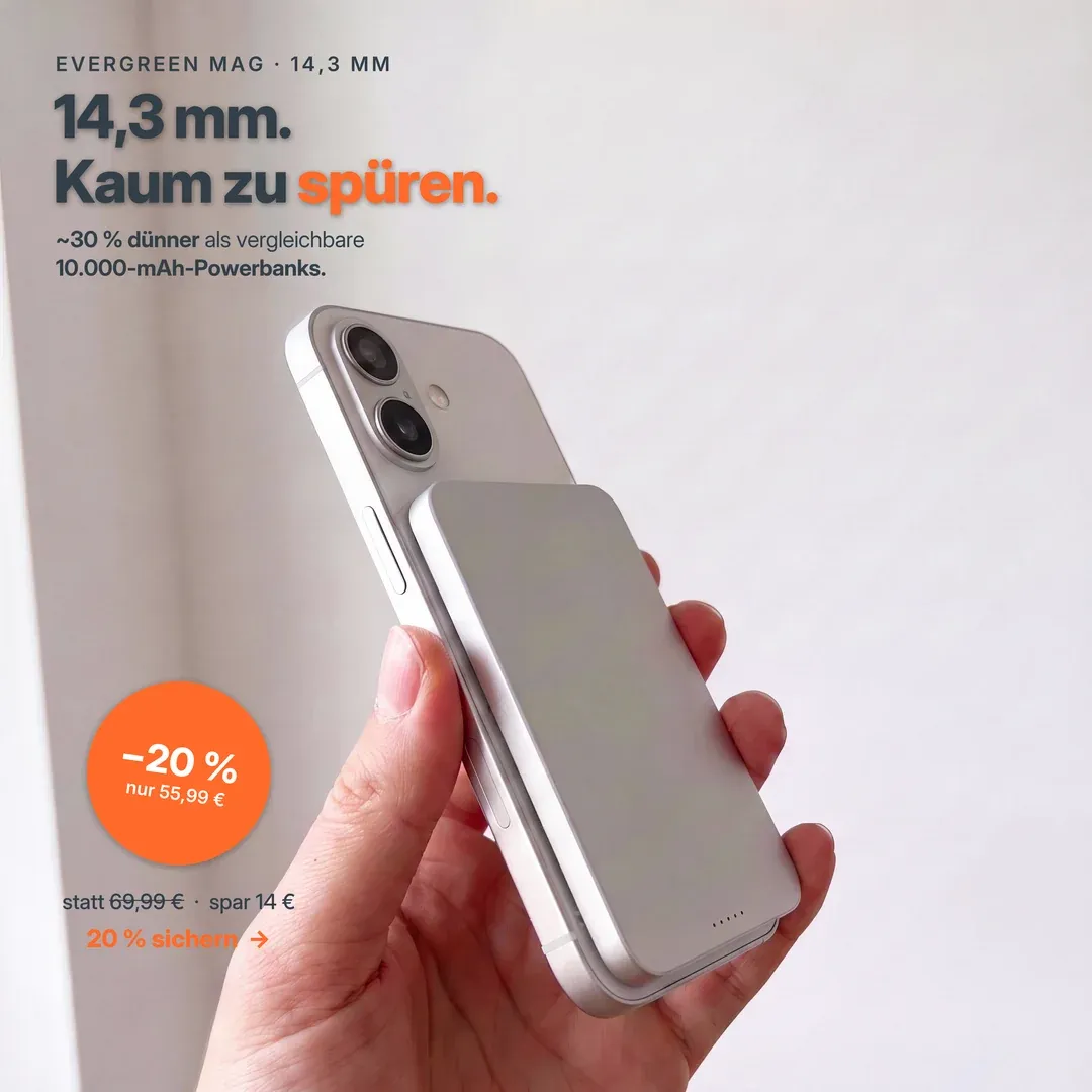 Musterkonzept: USP-Anzeige für eine schlanke MagSafe-Powerbank — „14 mm, kaum zu spüren.“ mit −20 %-Offer.