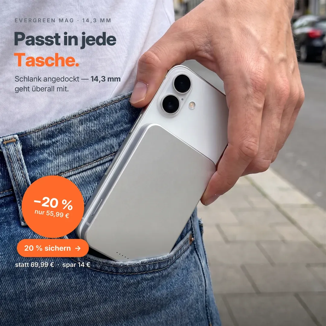 Musterkonzept: Proof-Anzeige für eine kompakte MagSafe-Powerbank — „Passt in jede Tasche.“ Größe im Alltag gezeigt, mit −20 %-Offer.