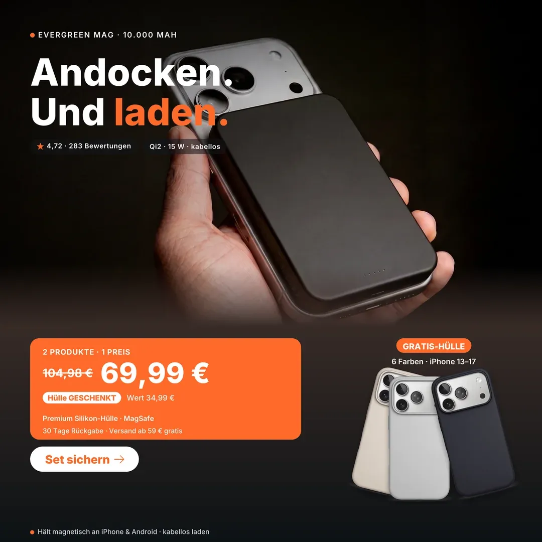Musterkonzept: Product-Hero-Anzeige für eine MagSafe-Powerbank — dunkles, cleanes Motiv „Andocken und laden“ mit 4,72 ★ und Set-Angebot inkl. Gratis-Hülle.