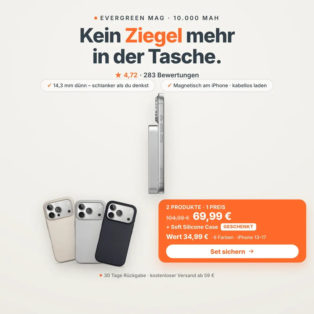 Musterkonzept: Pain-Point-Anzeige für eine kompakte MagSafe-Powerbank — „Kein Ziegel in der Tasche.“ Produkt als Lösung daneben; Gratis-Hülle zum Set.