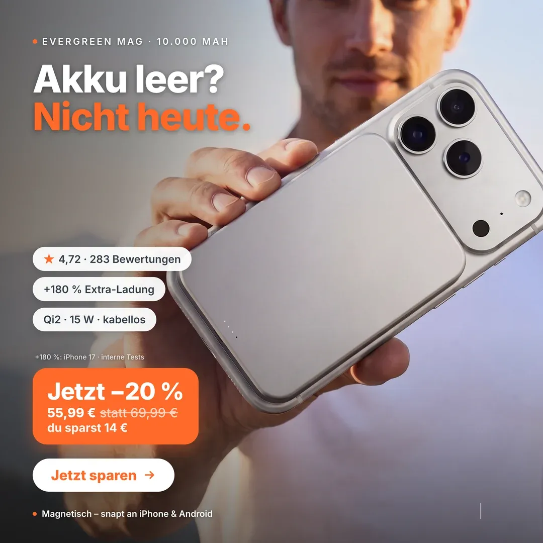 Musterkonzept: Emotionale Anzeige für eine MagSafe-Powerbank — „Akku leer? Nicht heute.“ Ein Gesicht, eine Haltung, mit hartem −20 %-Offer.
