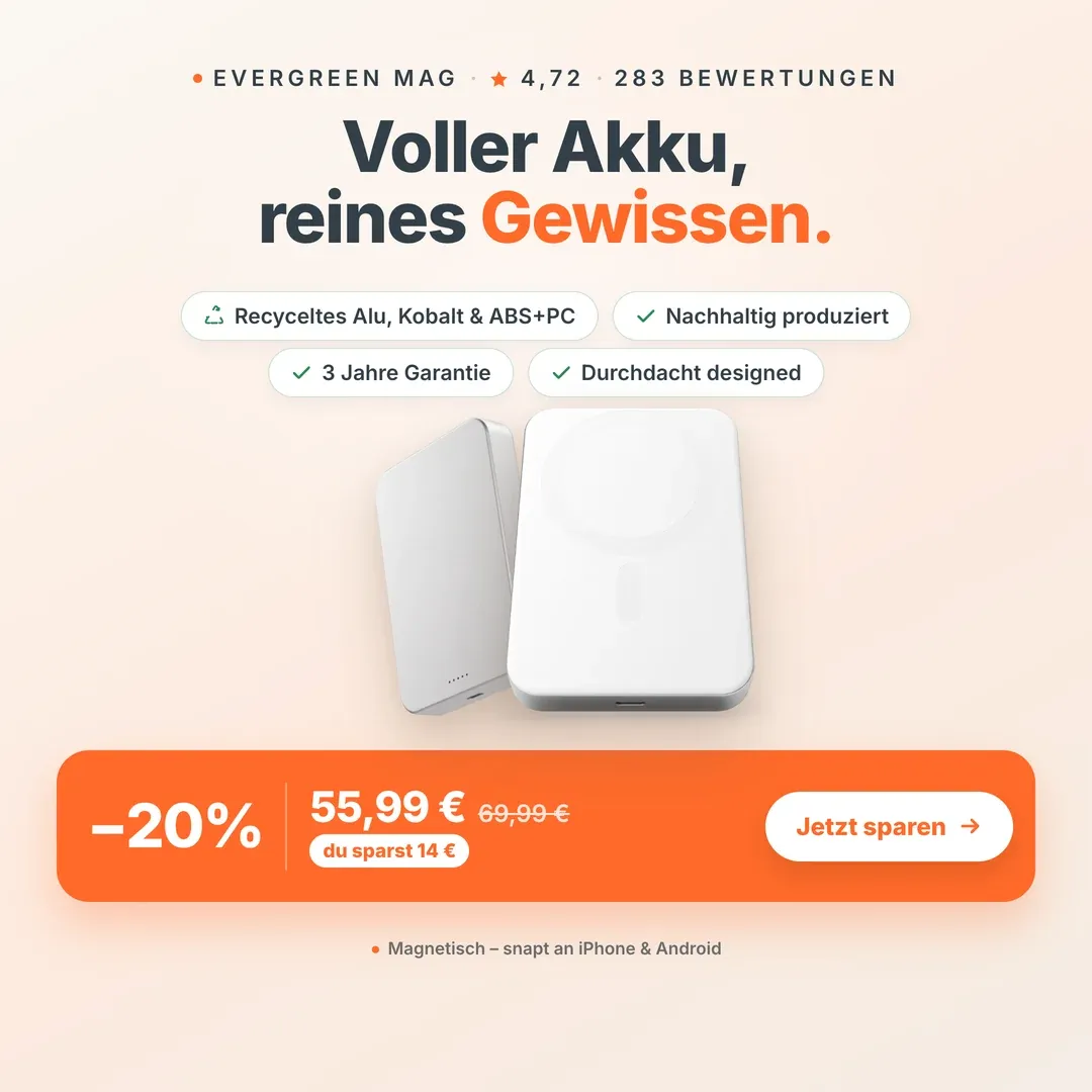 Musterkonzept: Nachhaltigkeits-Anzeige für eine MagSafe-Powerbank — „Voller Akku, reines Gewissen.“ Recycelte Materialien und Garantie, mit −20 %-Offer.