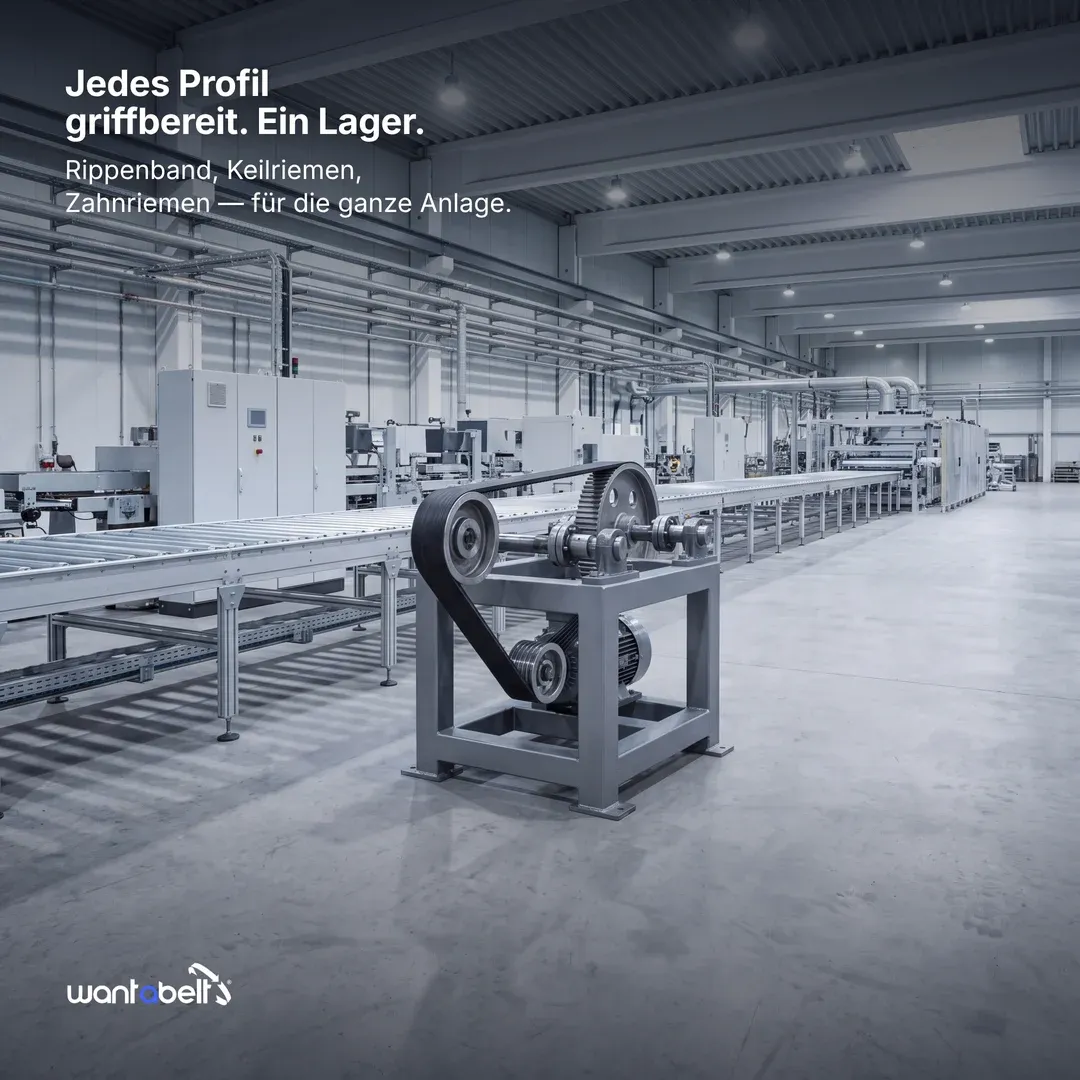 Anzeige für Wantabelt: Industriehalle mit Maschinen — „Jedes Profil griffbereit. Ein Lager.“ Rippenband, Keilriemen, Zahnriemen.