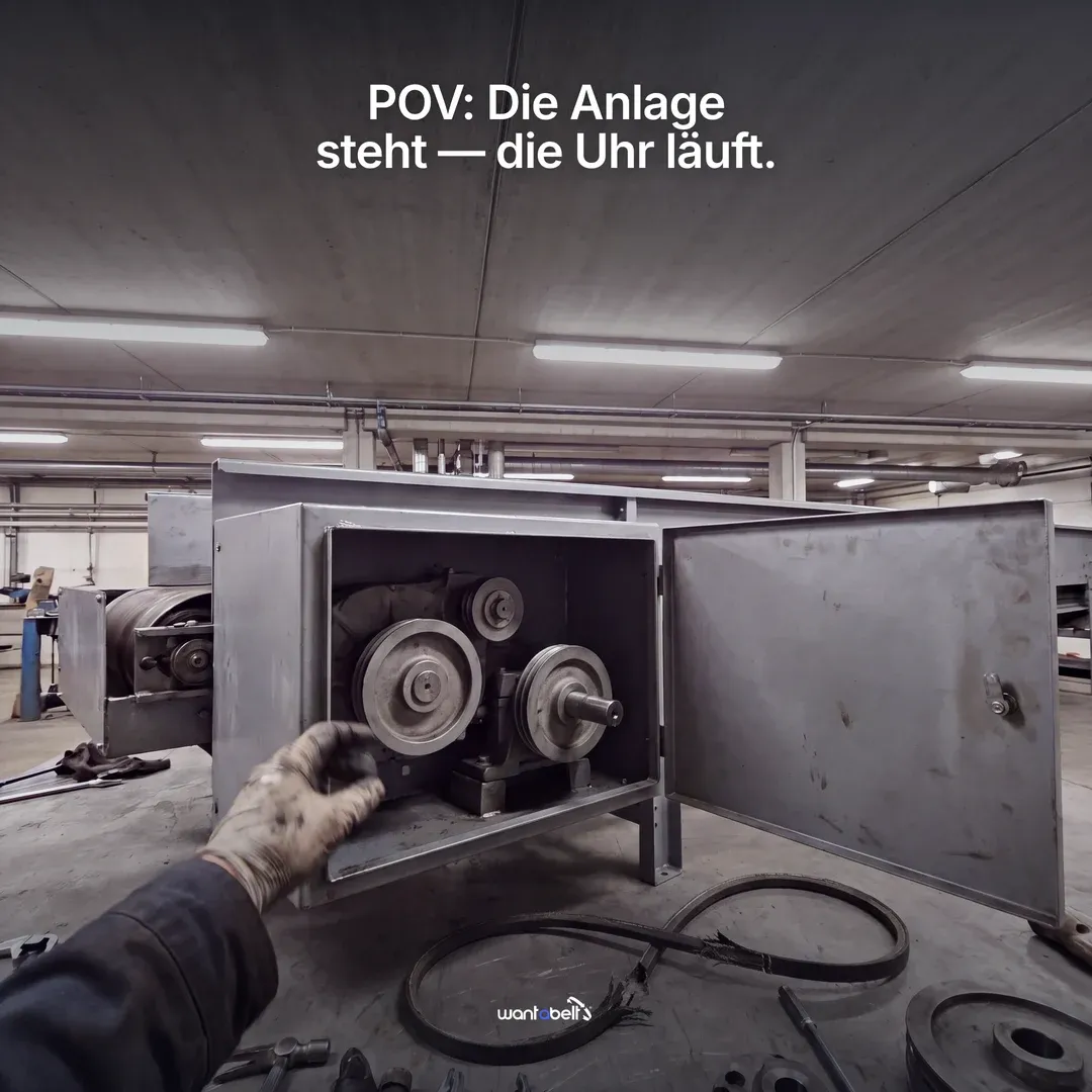 Anzeige für Wantabelt: Hand an einer geöffneten Anlage mit Riemenantrieb — „POV: Die Anlage steht — die Uhr läuft.“
