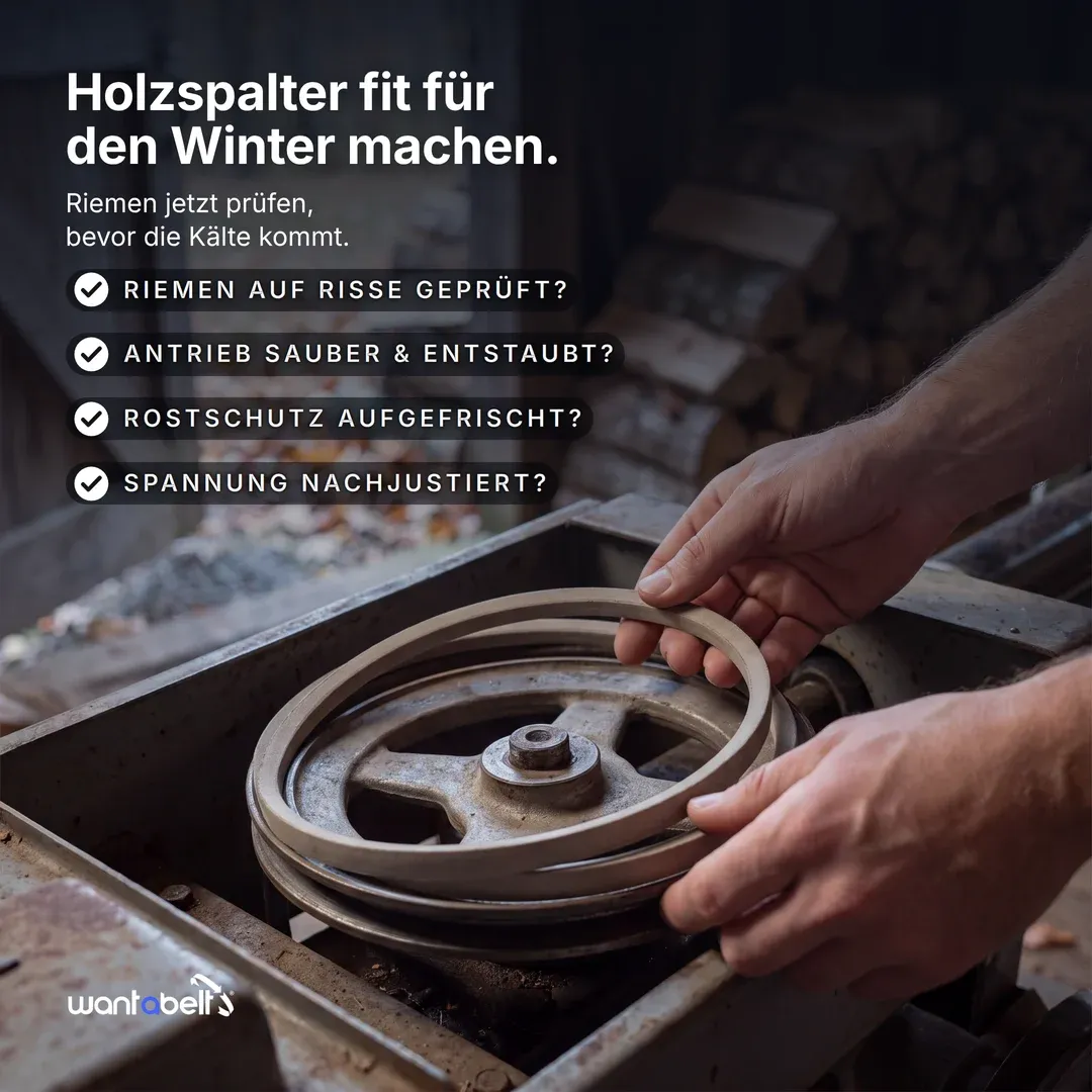 Anzeige für Wantabelt: Hände prüfen einen Riemen an einer Maschine — „Holzspalter fit für den Winter machen.“ mit vier Prüfpunkten.