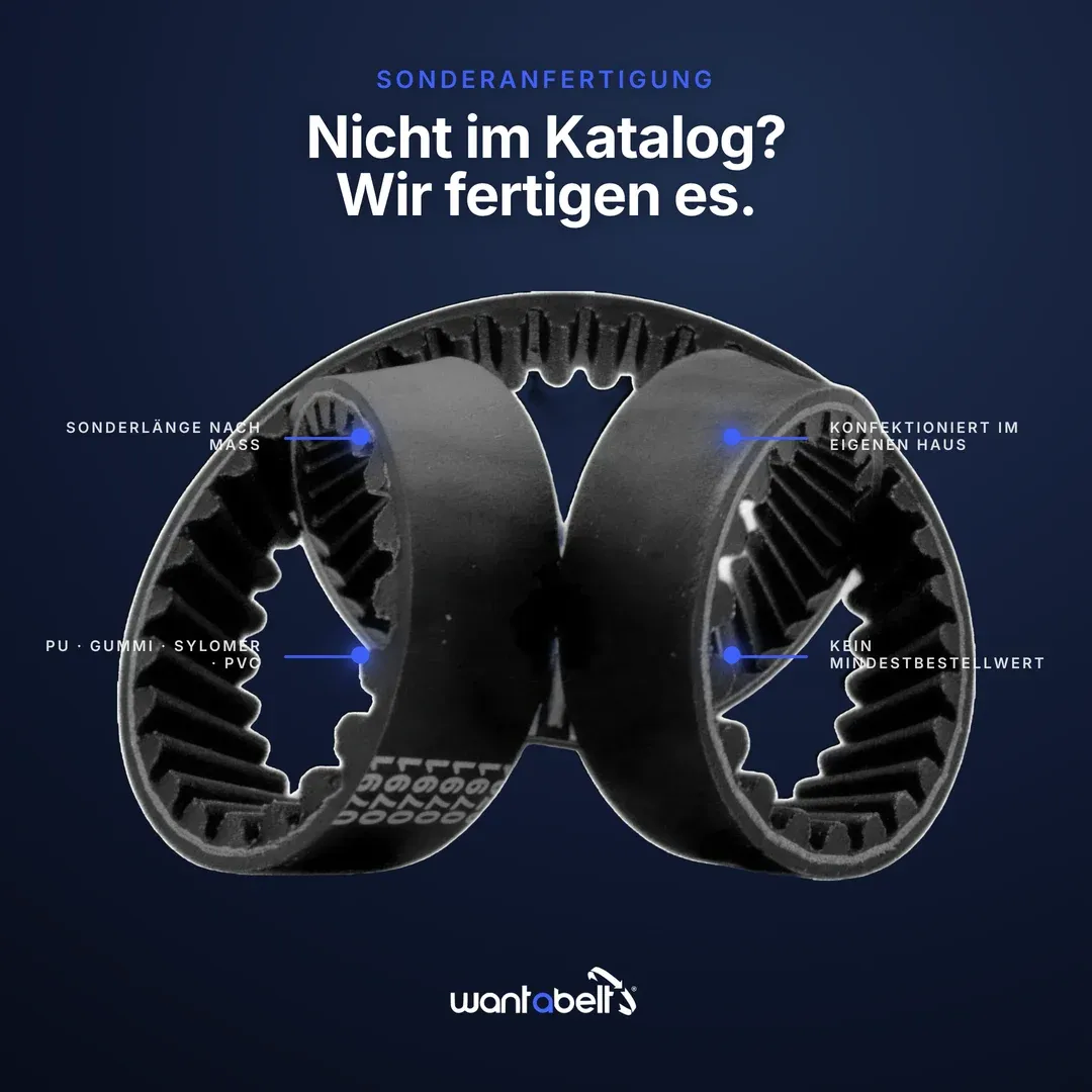 Anzeige für Wantabelt: Zwei Zahnriemen mit Detailhinweisen — „Nicht im Katalog? Wir fertigen es.“