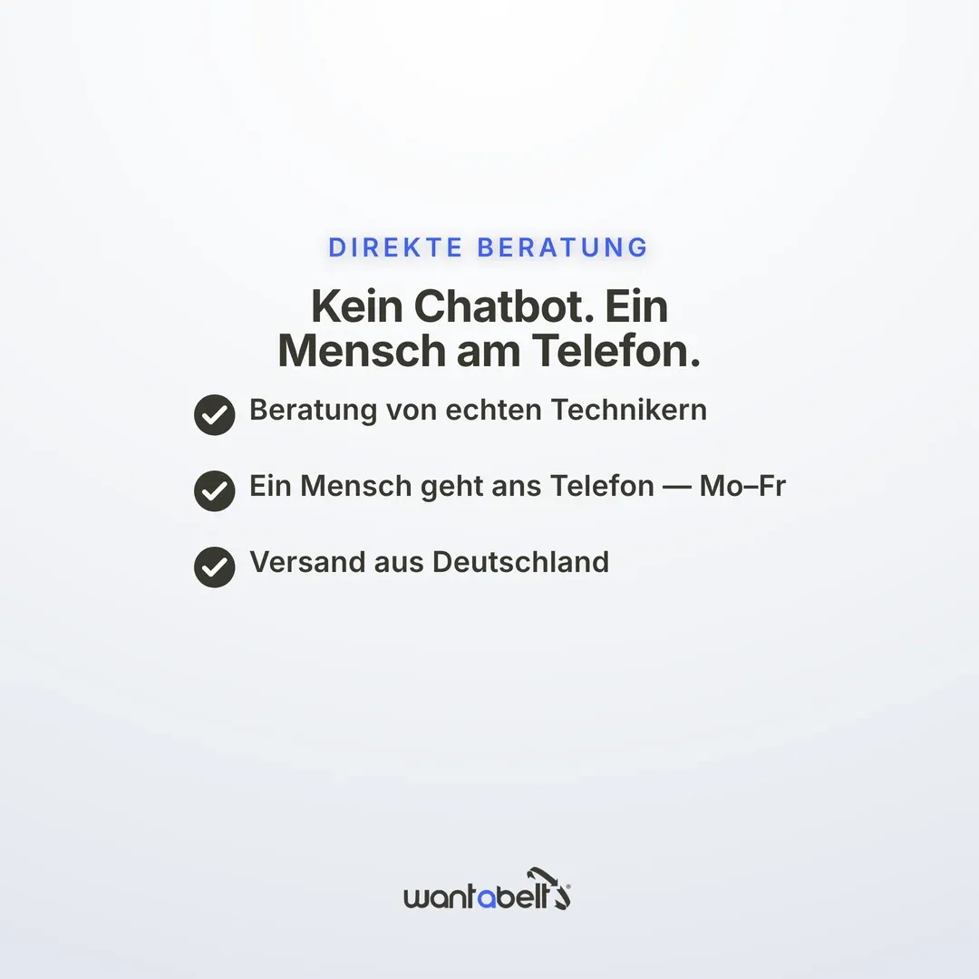 Anzeige für Wantabelt: Helle Typo-Anzeige — „Kein Chatbot. Ein Mensch am Telefon.“ Beratung von echten Technikern, Versand aus Deutschland.