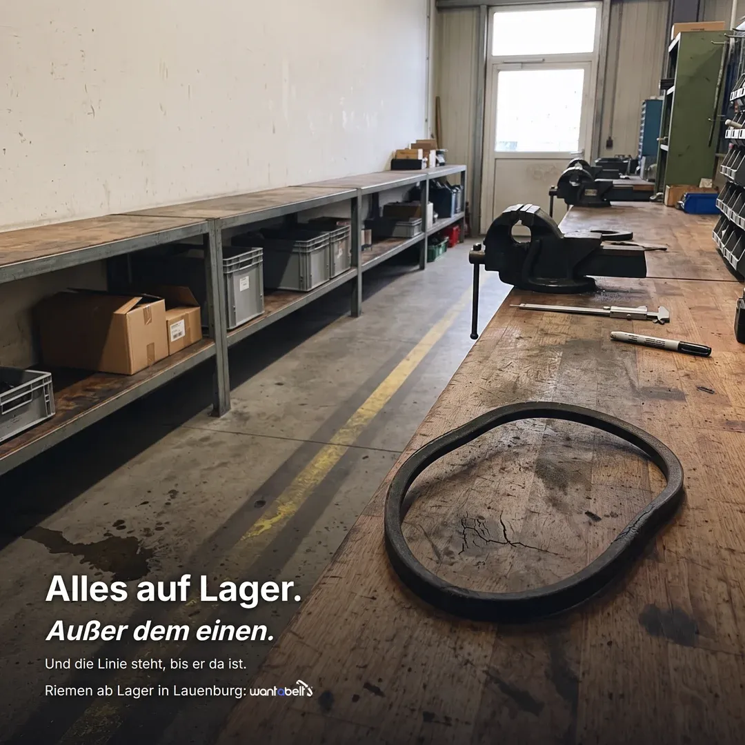 Anzeige für Wantabelt: Gerissener Riemen auf einer Werkbank — „Alles auf Lager. Außer dem einen.“ Riemen ab Lager in Lauenburg.