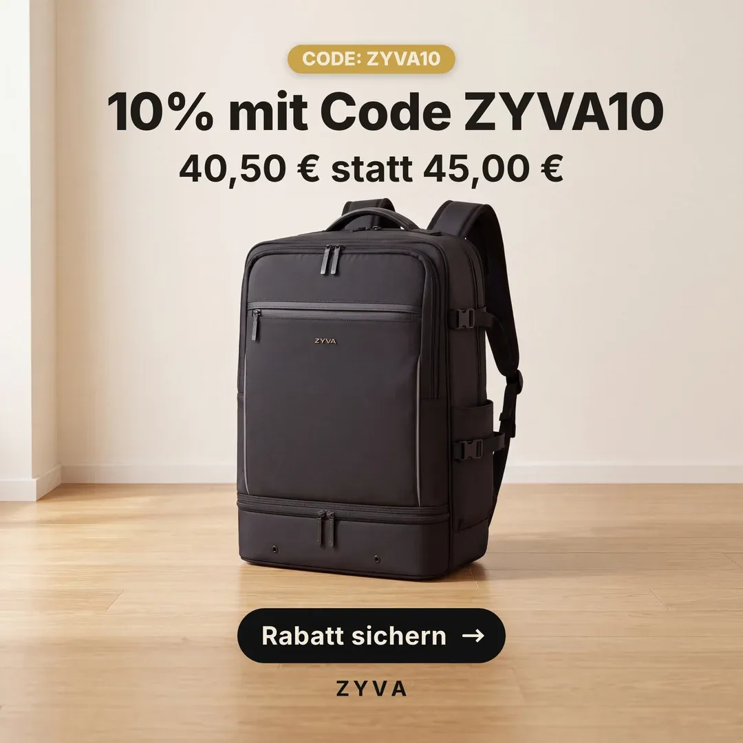 Anzeige für ZYVA: Schwarzer Rucksack — „10 % mit Code ZYVA10“, 40,50 € statt 45,00 €.
