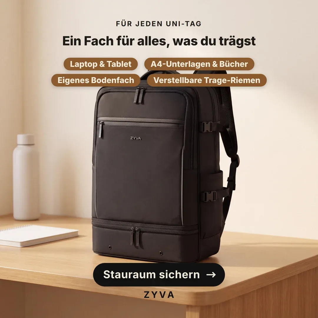 Anzeige für ZYVA: Schwarzer Rucksack auf einem Schreibtisch — „Ein Fach für alles, was du trägst“: Laptop und Tablet, A4-Unterlagen, Bodenfach, verstellbare Riemen.