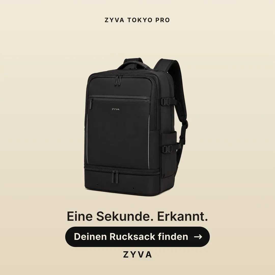 Anzeige für ZYVA: Schwarzer Rucksack ZYVA Tokyo Pro freigestellt — „Eine Sekunde. Erkannt.“