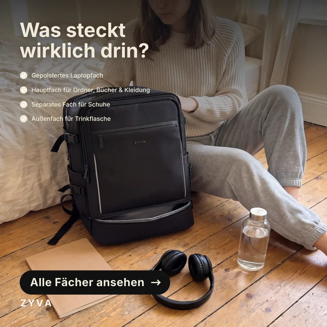 Anzeige für ZYVA: Schwarzer Rucksack auf dem Holzboden neben Kopfhörern — „Was steckt wirklich drin?“ mit vier Fächern.