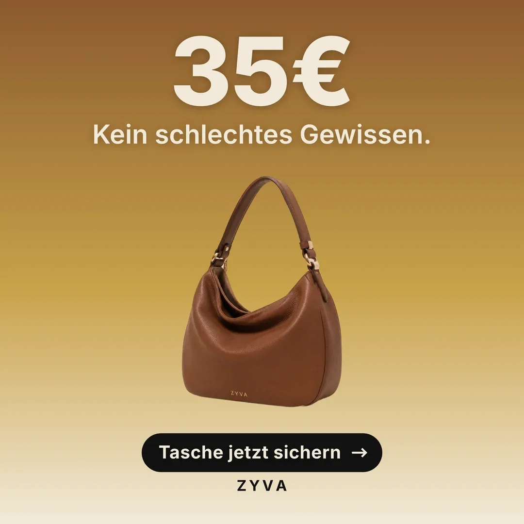 Anzeige für ZYVA: Braune Hobo Bag vor goldenem Verlauf — „35 €. Kein schlechtes Gewissen.“