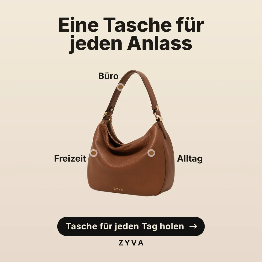 Anzeige für ZYVA: Braune Schultertasche mit drei markierten Einsatzorten — „Eine Tasche für jeden Anlass“: Büro, Freizeit, Alltag.