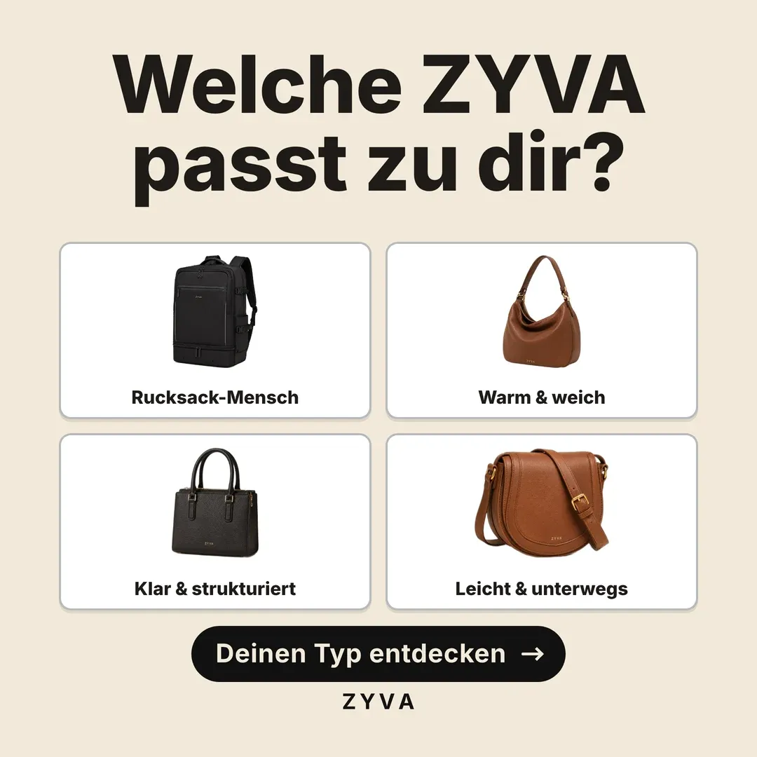 Anzeige für ZYVA: Vier ZYVA-Taschen im Raster — „Welche ZYVA passt zu dir?“ Rucksack, Hobo Bag, Handtasche, Umhängetasche.