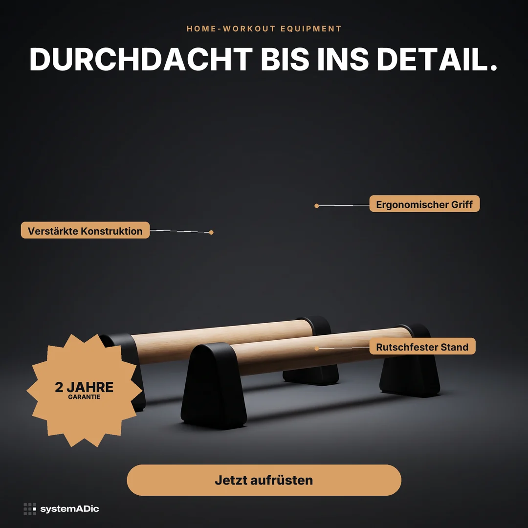 Feature-Anzeige für Home-Workout-Equipment — „Durchdacht bis ins Detail.“
