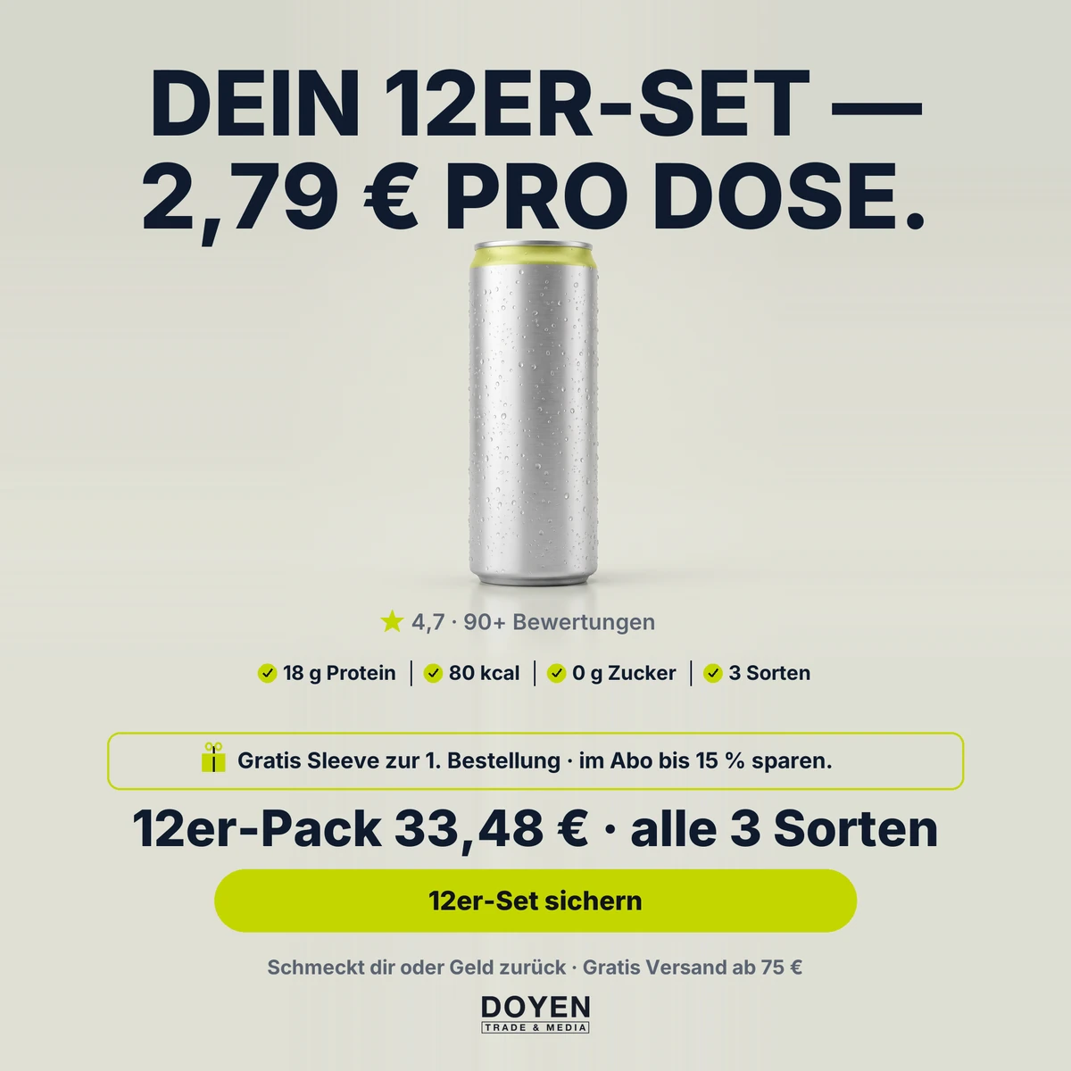 Fertige Anzeige: dieselbe reale Dose in einer neu gebauten Szene mit Headline und Angebot